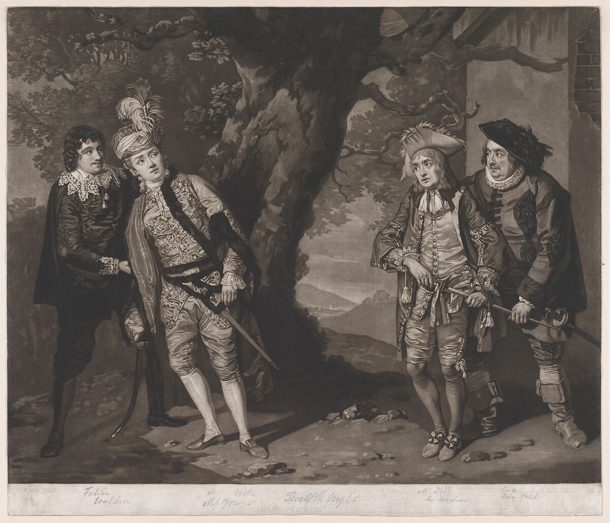 Miss Younge, Mr. Dodd, Mr. Love, and Mr. Waldron, in the Characters of Viola, Sir Andrew Aguecheek, Sir Toby Belch, and Fabian (Shakespeare, Twelfth Night, Act 3, Scene 4), John Raphael Smith (British, baptized Derby 1751–1812 Doncaster), Mezzotint; second state of two 