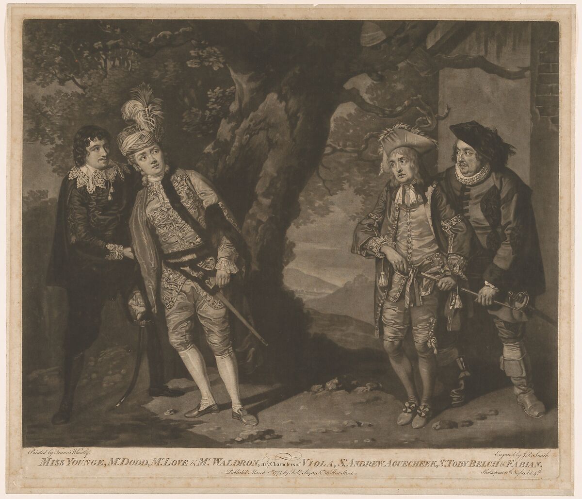 Miss Younge, Mr. Dodd, Mr. Love, and Mr. Waldron, in th Characters of Viola, Sir Andrew Aguecheek, Sir Toby Belch, and Fabian (Shakespeare, Twelfth Night, Act 3, Scene 4), John Raphael Smith (British, baptized Derby 1751–1812 Doncaster), Mezzotint; third state of three 
