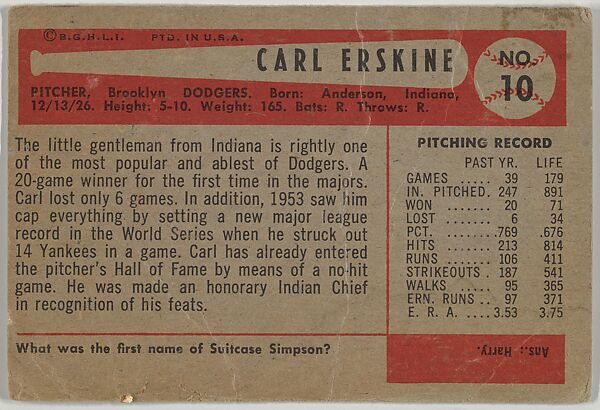 Carl Erskine, Pitcher, Brooklyn Dodgers, from Name on Bat series, series 9 (R406-9) issued by Bowman Gum, Issued by Bowman Gum Company, Commercial color lithograph