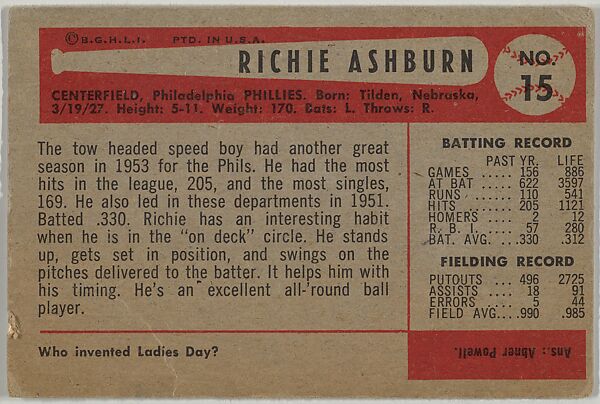 Richie Ashburn, Centerfield, Philadelphia Phillies, from Name on Bat series, series 9 (R406-9) issued by Bowman Gum, Issued by Bowman Gum Company, Commercial color lithograph