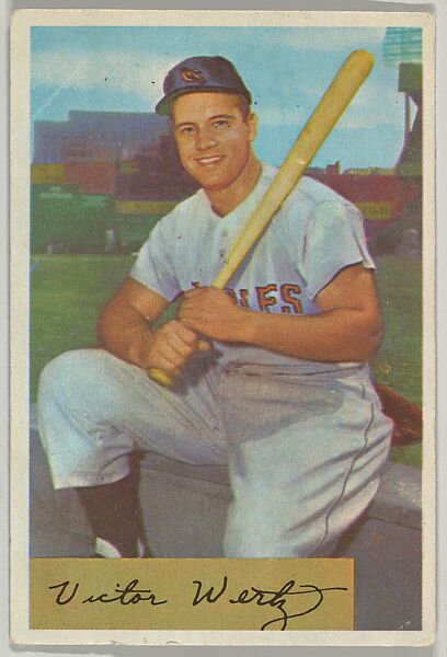 Vic Wertz, Outfield, Baltimore Orioles, from Name on Bat series, series 9 (R406-9) issued by Bowman Gum, Issued by Bowman Gum Company, Commercial color lithograph 