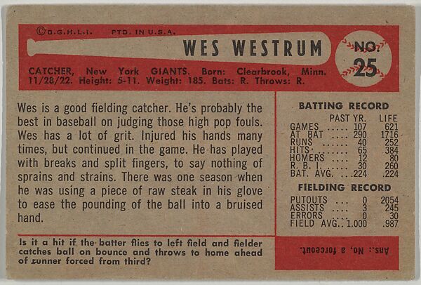 Wes Westrum, Catcher, New York Giants, from Name on Bat series, series 9 (R406-9) issued by Bowman Gum, Issued by Bowman Gum Company, Commercial color lithograph