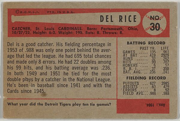 Del Rice, Catcher, St. Louis Cardinals, from Name on Bat series, series 9 (R406-9) issued by Bowman Gum, Issued by Bowman Gum Company, Commercial color lithograph