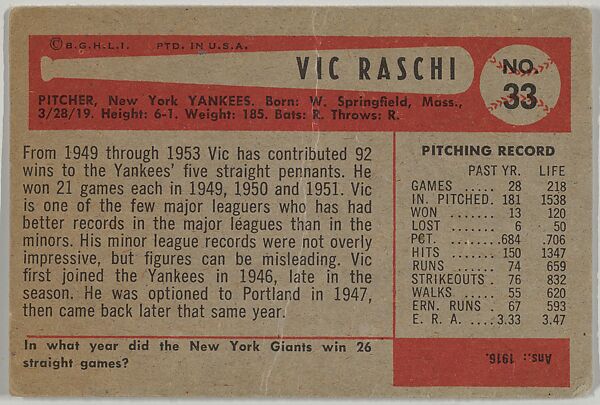 Vic Raschi, Pitcher, New York Yankees, from Name on Bat series, series 9 (R406-9) issued by Bowman Gum, Issued by Bowman Gum Company, Commercial color lithograph