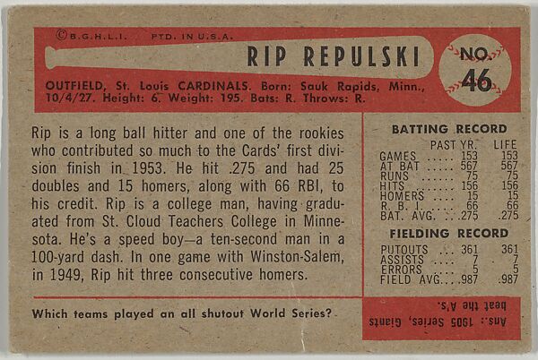 Eldon Repulski, Outfield, St. Louis Cardinals, from Name on Bat series, series 9 (R406-9) issued by Bowman Gum, Issued by Bowman Gum Company, Commercial color lithograph