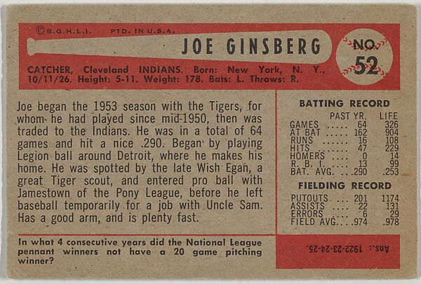 Joe Ginsberg, Catcher, Cleveland Indians, from Name on Bat series, series 9 (R406-9) issued by Bowman Gum, Issued by Bowman Gum Company, Commercial color lithograph