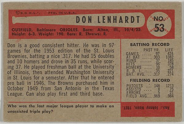 Don Lenhardt, Outfield, Baltimore Orioles, from Name on Bat series, series 9 (R406-9) issued by Bowman Gum, Issued by Bowman Gum Company, Commercial color lithograph