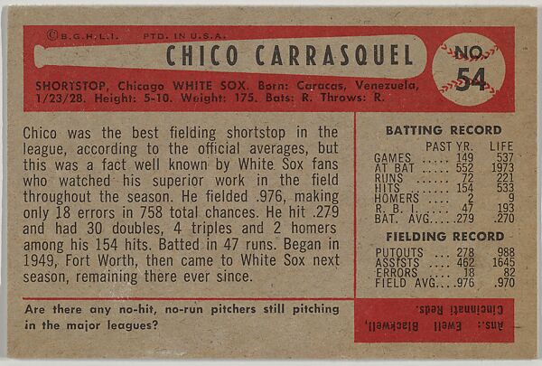 Chico Carrasquel, Shortstop, Chicago White Sox, from Name on Bat series, series 9 (R406-9) issued by Bowman Gum, Issued by Bowman Gum Company, Commercial color lithograph