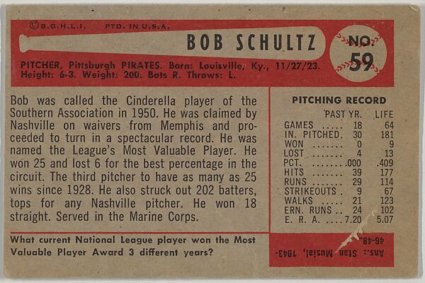Bob Schultz, Pitcher, Pittsburgh Pirates, from Name on Bat series, series 9 (R406-9) issued by Bowman Gum, Issued by Bowman Gum Company, Commercial color lithograph