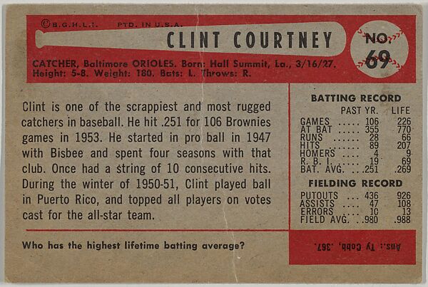 Clint Courtney, Catcher, Baltimore Orioles, from Name on Bat series, series 9 (R406-9) issued by Bowman Gum, Issued by Bowman Gum Company, Commercial color lithograph