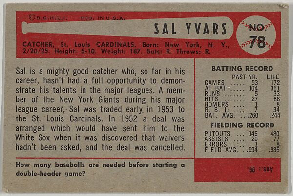 Sal Yvars, Catcher, St. Louis Cardinals, from Name on Bat series, series 9 (R406-9) issued by Bowman Gum, Issued by Bowman Gum Company, Commercial color lithograph