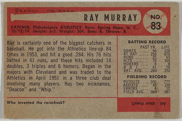 Ray Murray, Catcher, Philadelphia Athletics, from Name on Bat series, series 9 (R406-9) issued by Bowman Gum, Issued by Bowman Gum Company, Commercial color lithograph