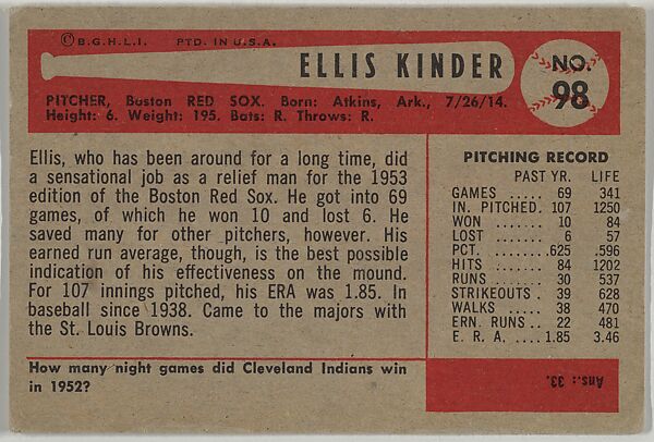 Ellis Kinder, Pitcher, Boston Red Sox, from Name on Bat series, series 9 (R406-9) issued by Bowman Gum, Issued by Bowman Gum Company, Commercial color lithograph