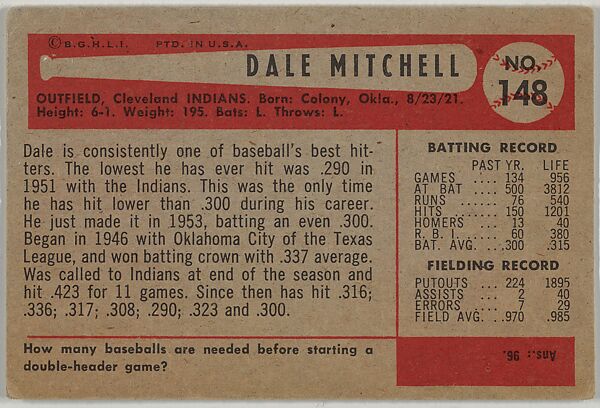 Dale Mitchell, Outfield, Cleveland Indians, from Name on Bat series, series 9 (R406-9) issued by Bowman Gum, Issued by Bowman Gum Company, Commercial color lithograph