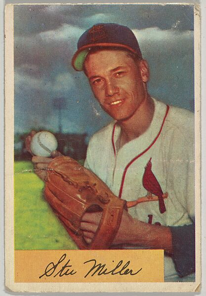 Stu Miller, Pitcher, St. Louis Cardinals, from Name on Bat series, series 9 (R406-9) issued by Bowman Gum, Issued by Bowman Gum Company, Commercial color lithograph 