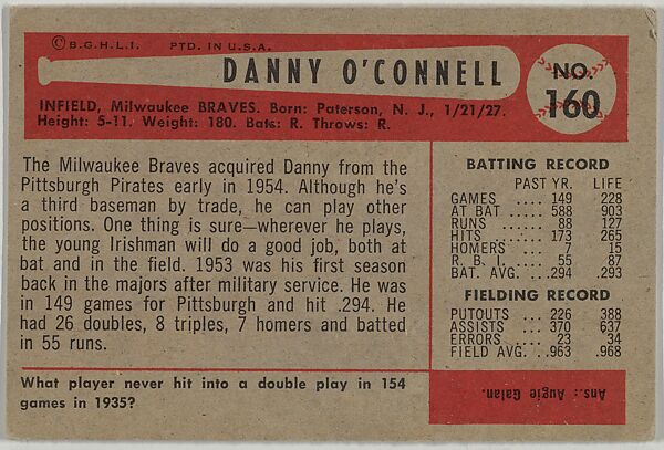 Danny O'Connell, Infield, Milwaukee Braves, from Name on Bat series, series 9 (R406-9) issued by Bowman Gum, Issued by Bowman Gum Company, Commercial color lithograph