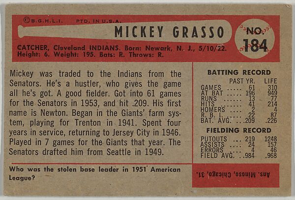 Mickey Grasso, Catcher, Cleveland Indians, from Name on Bat series, series 9 (R406-9) issued by Bowman Gum, Issued by Bowman Gum Company, Commercial color lithograph