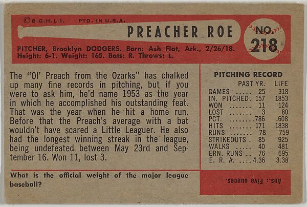 Preacher Roe, Pitcher, Brooklyn Dodgers, from Name on Bat series, series 9 (R406-9) issued by Bowman Gum, Issued by Bowman Gum Company, Commercial color lithograph