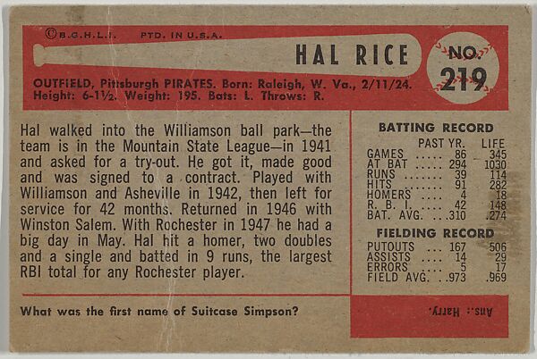Hal Rice, Outfield, Pittsburgh Pirates, from Name on Bat series, series 9 (R406-9) issued by Bowman Gum, Issued by Bowman Gum Company, Commercial color lithograph