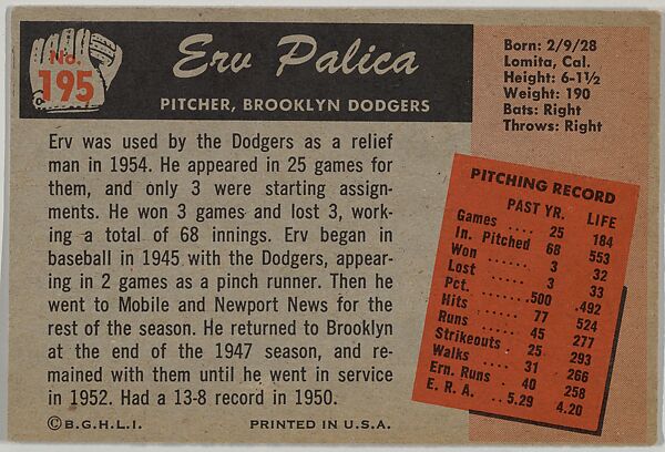 Erv Palica, Pitcher, Brooklyn Dodgers, from Color TV Set series, series 10 (R406-10) issued by Bowman Gum, Issued by Bowman Gum Company, Commercial color lithograph
