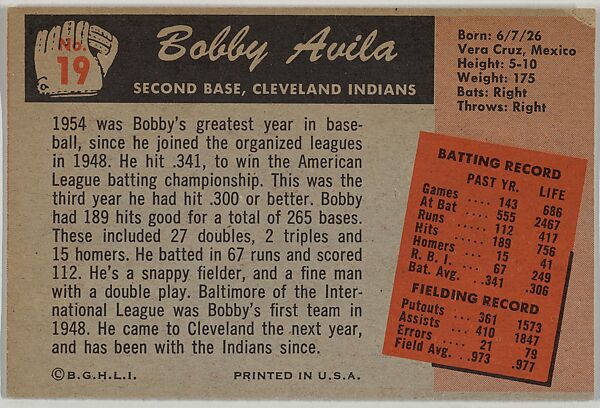 Bobby Avila, 2nd Base, Cleveland Indians, from Color TV Set series, series 10 (R406-10) issued by Bowman Gum, Issued by Bowman Gum Company, Commercial color lithograph