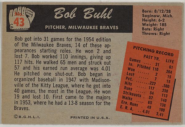 Bob Buhl, Pitcher, Milwaukee Braves, from Color TV Set series, series 10 (R406-10) issued by Bowman Gum, Issued by Bowman Gum Company, Commercial color lithograph