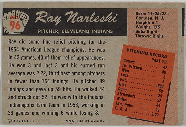 Ray Narleski, Pitcher, Cleveland Indians, from Color TV Set series, series 10 (R406-10) issued by Bowman Gum, Issued by Bowman Gum Company, Commercial color lithograph