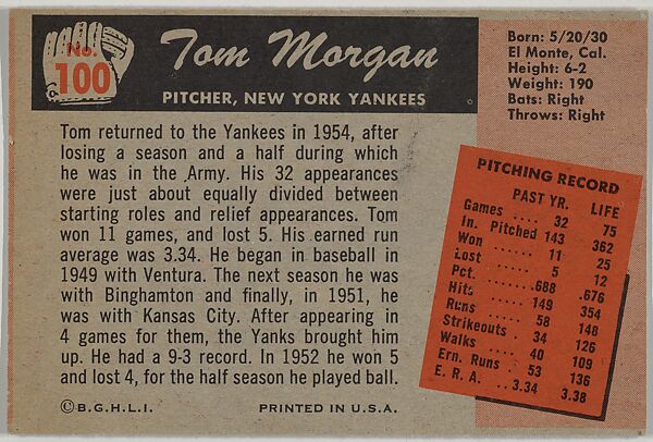Tom Morgan, Pitcher, New York Yankees, from Color TV Set series, series 10 (R406-10) issued by Bowman Gum, Issued by Bowman Gum Company, Commercial color lithograph