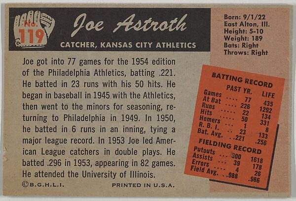 Joe Astroth, Catcher, Kansas City Athletics, from Color TV Set series, series 10 (R406-10) issued by Bowman Gum, Issued by Bowman Gum Company, Commercial color lithograph