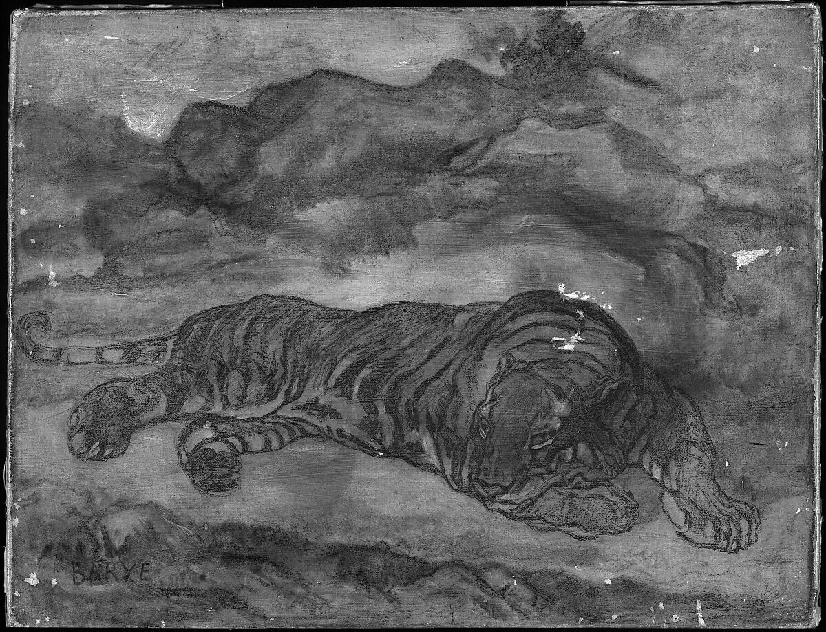 Tiger in Repose, Antoine-Louis Barye (French, Paris 1795–1875 Paris), Oil on canvas