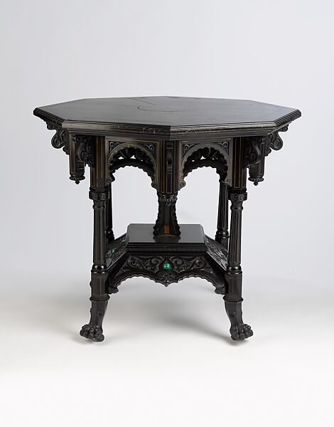 Center table from the Moorish reception room of the Worsham-Rockfeller House, George A. Schastey &amp; Co. (American, New York, 1873–1897), Ebonized cherry, brass, and malachite, American 