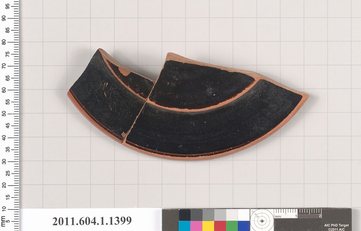 Terracotta fragment of a kylix (drinking cup), Attributed to Onesimos [DvB] or, Terracotta, Greek, Attic 