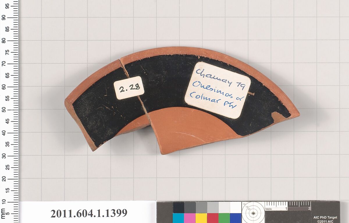 Terracotta fragment of a kylix (drinking cup), Attributed to Onesimos [DvB] or, Terracotta, Greek, Attic