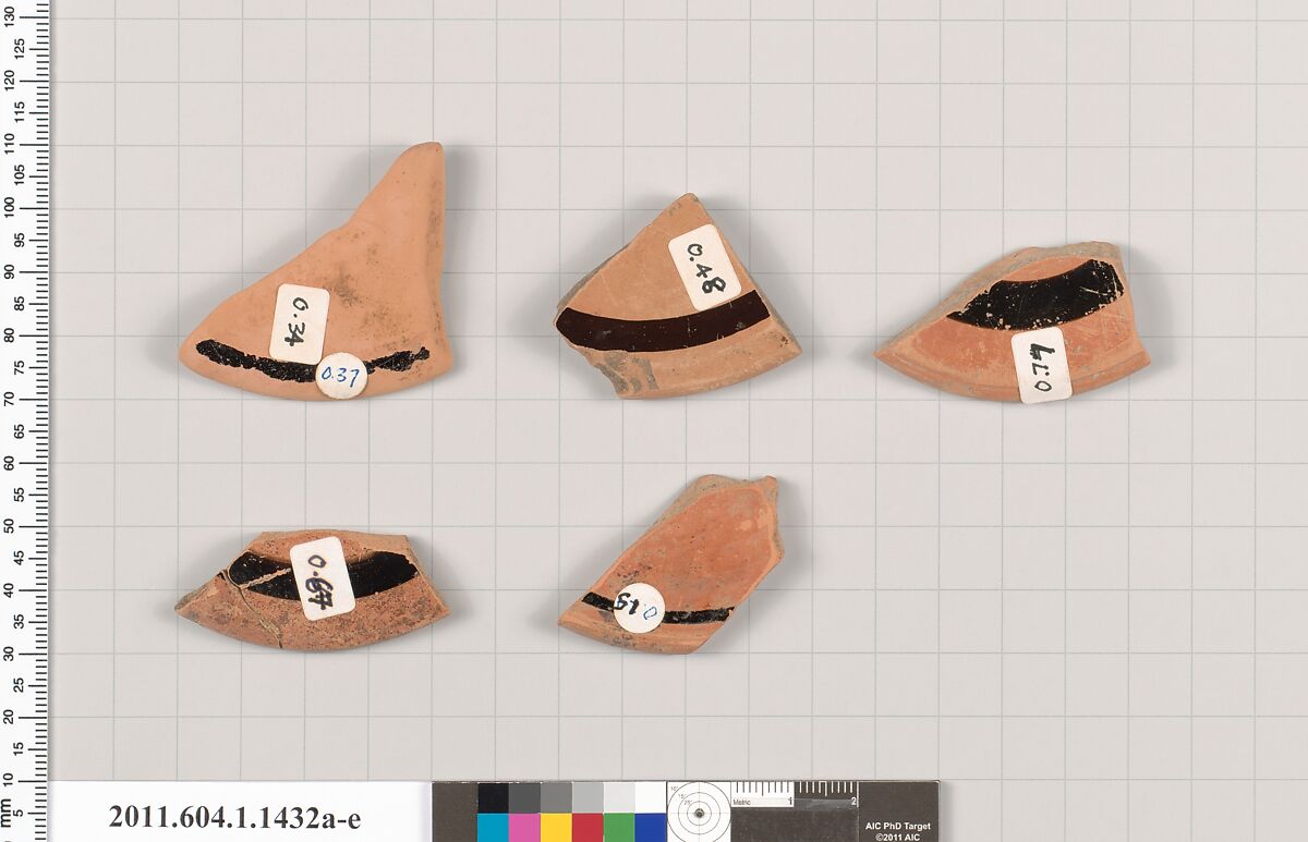 Terracotta fragments of kylikes (drinking cups), Terracotta, Greek, Attic