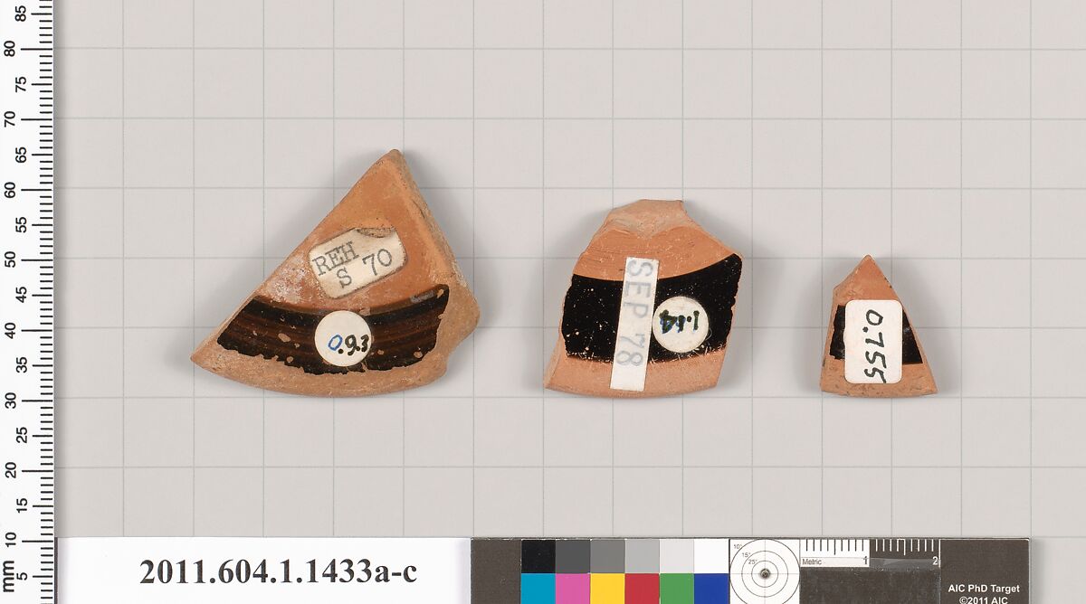 Terracotta fragments of kylikes (drinking cups), Terracotta, Greek, Attic