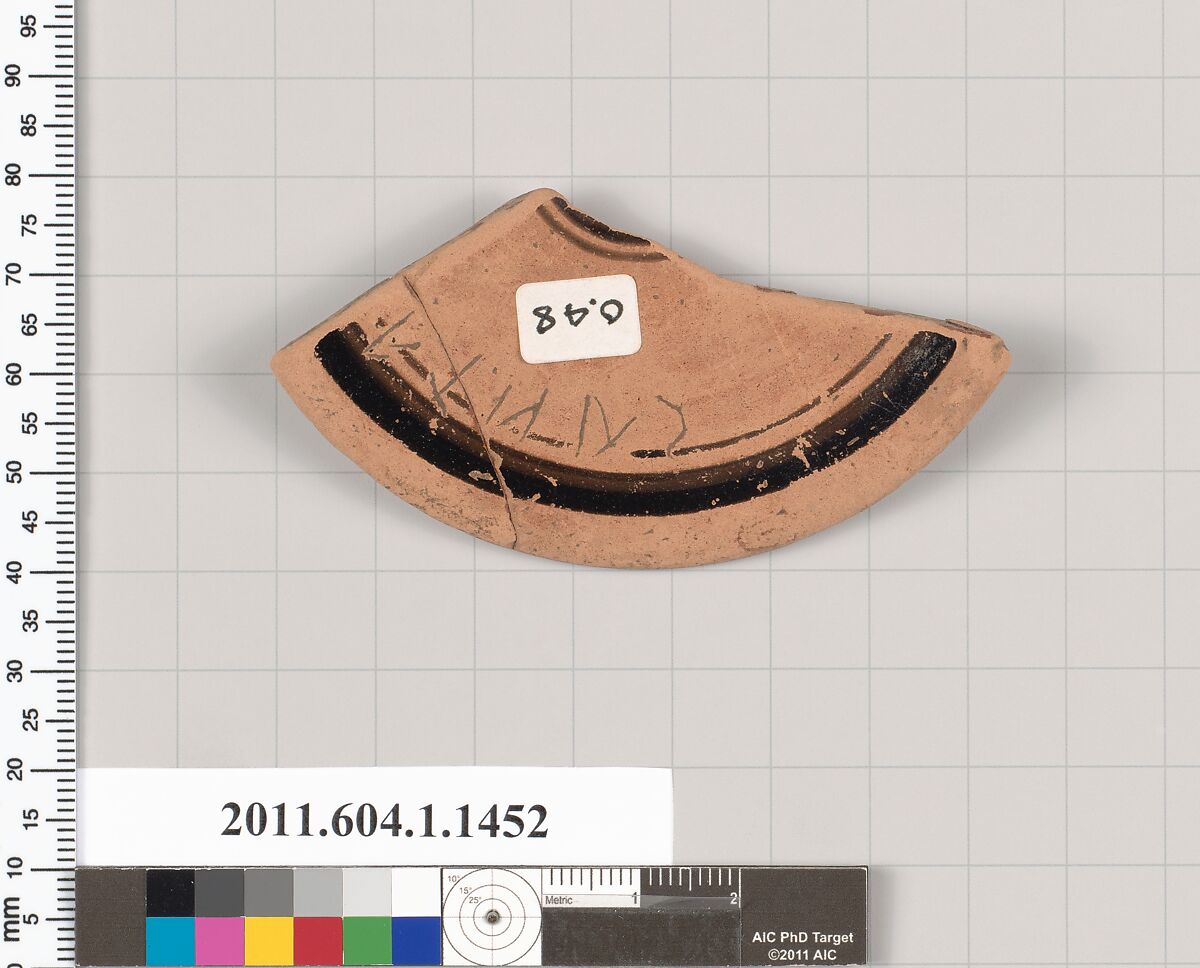 Terracotta fragment of a kylix (drinking cup), Terracotta, Greek, Attic