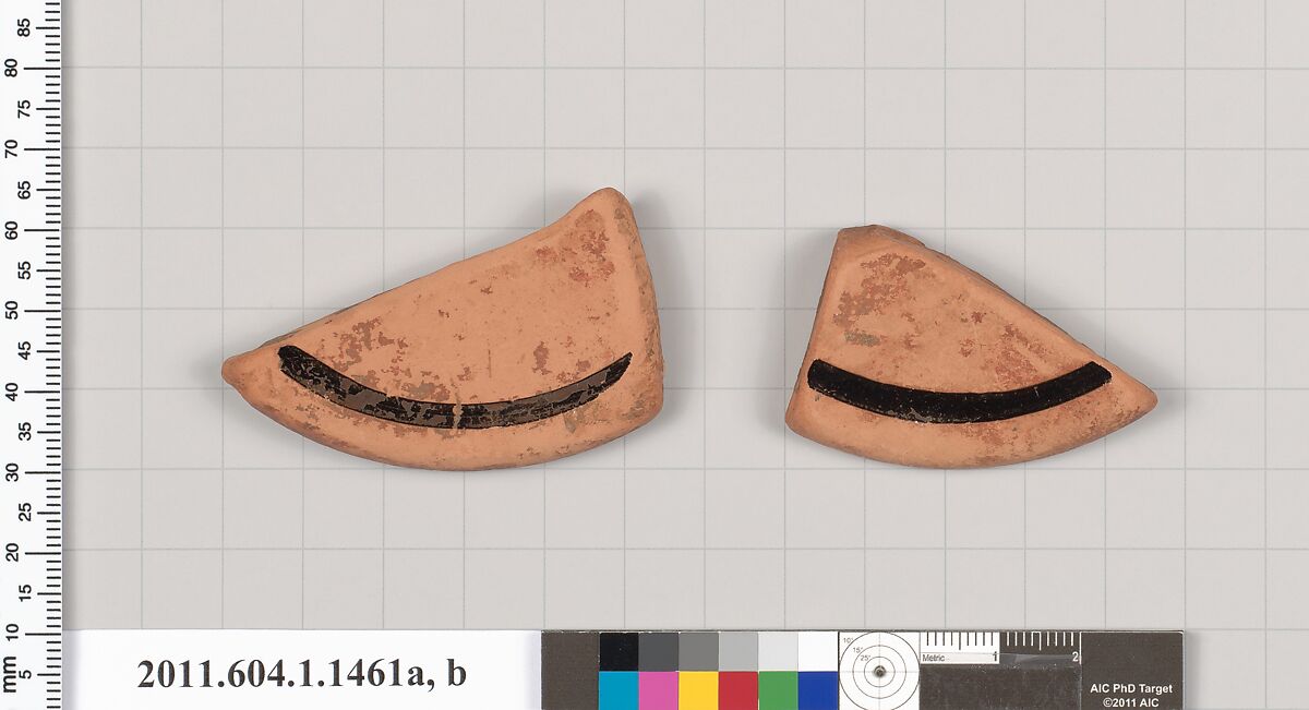 Terracotta fragments of a kylix (drinking cup), Terracotta, Greek, Attic