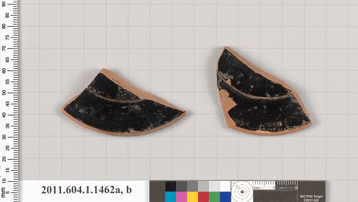 Terracotta fragments of a kylix (drinking cup), Terracotta, Greek, Attic 
