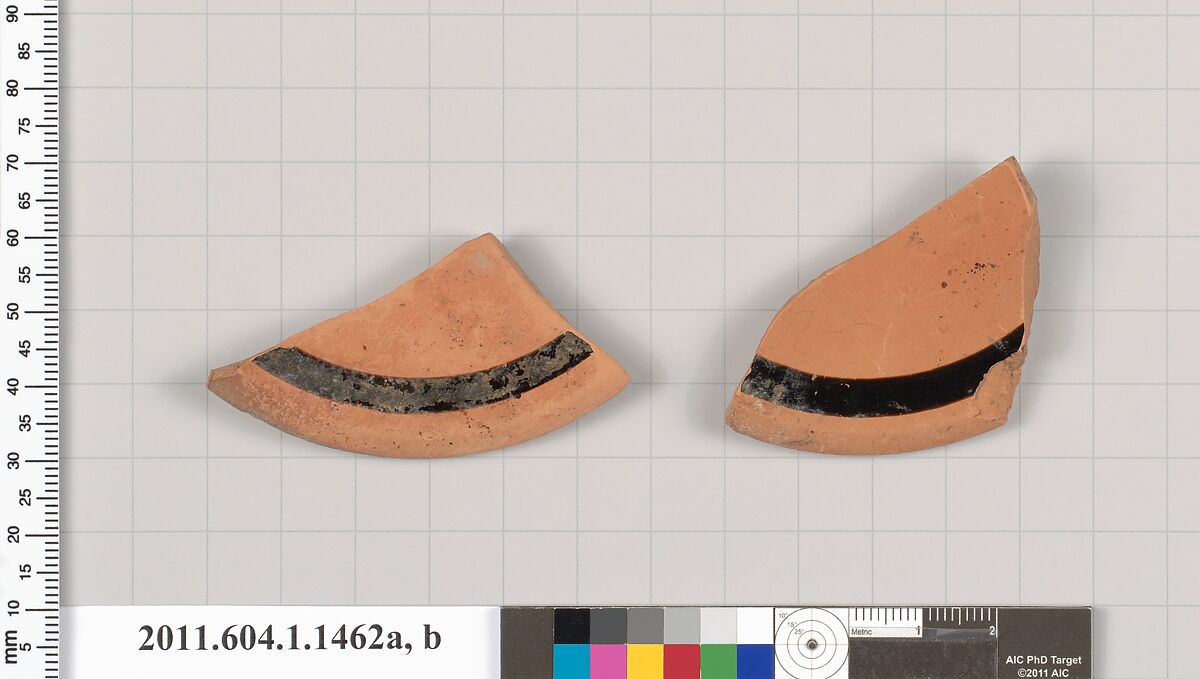 Terracotta fragments of a kylix (drinking cup), Terracotta, Greek, Attic