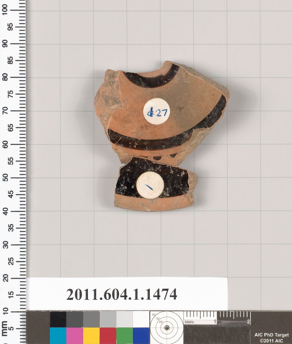 Terracotta fragment of a kylix (drinking cup), Terracotta, Greek, Attic