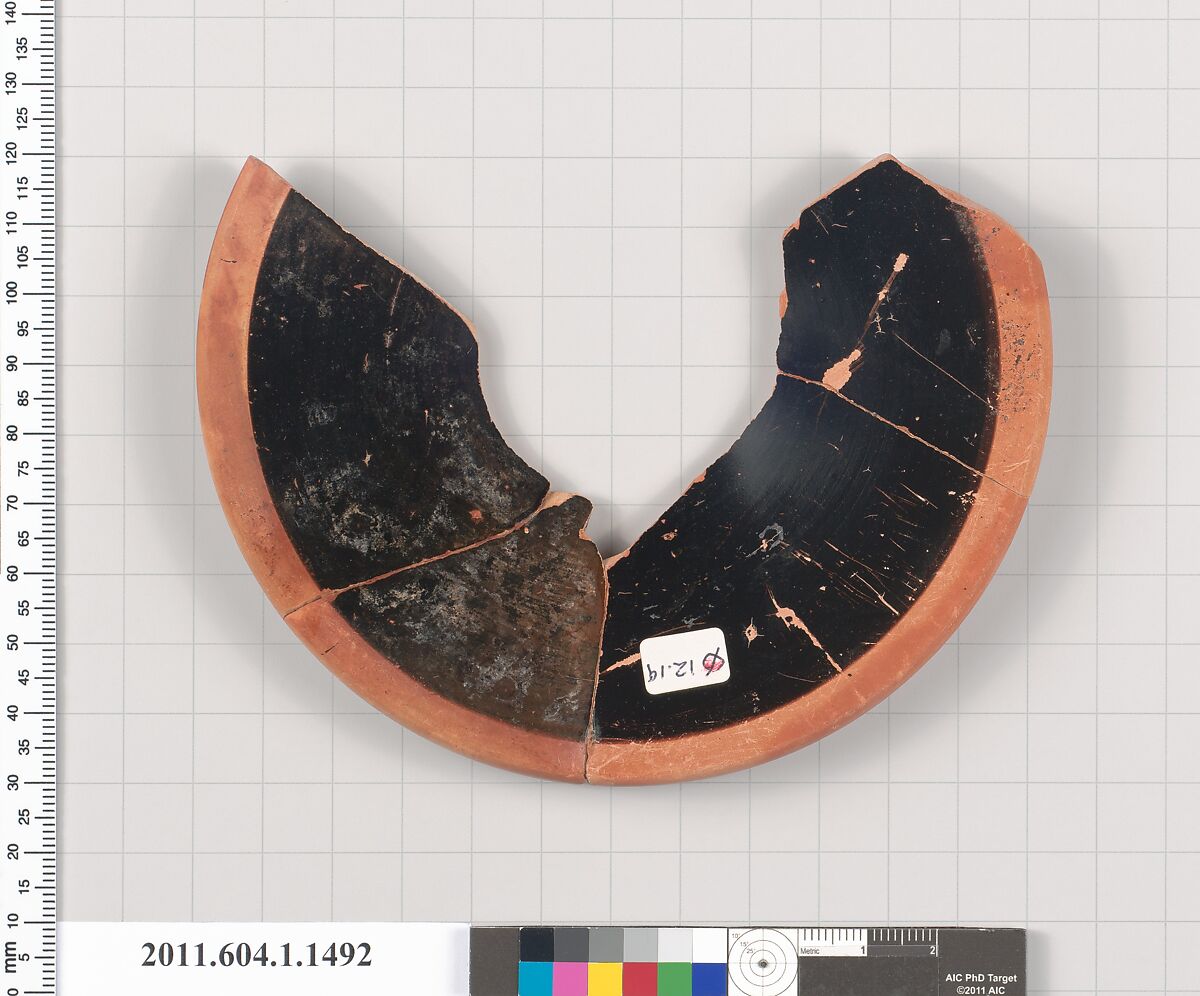 Terracotta fragment of a kylix (drinking cup), Terracotta, Greek, Attic