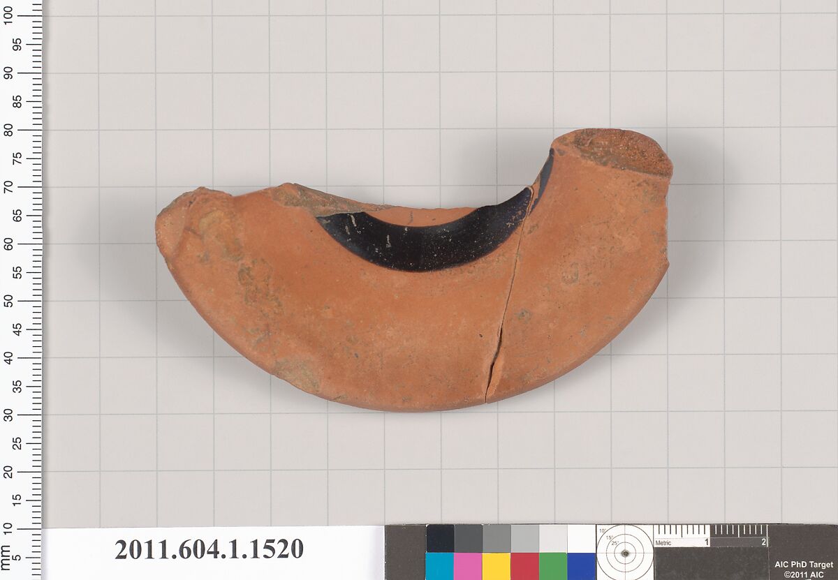 Terracotta fragment of a kylix (drinking cup), Terracotta, Greek, Attic