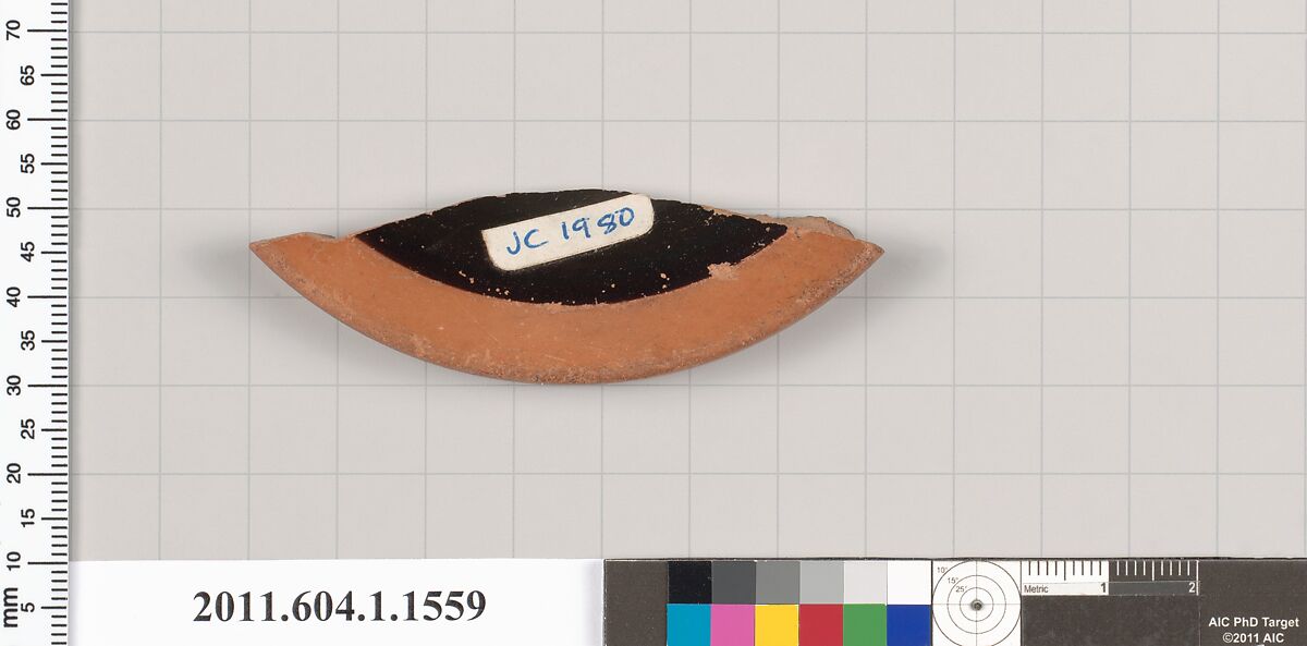 Terracotta fragment of a kylix (drinking cup), Terracotta, Greek, Attic