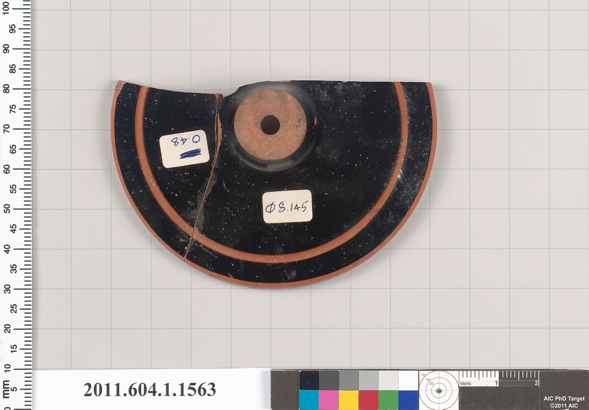 Terracotta fragment of a kylix (drinking cup), Terracotta, Greek, Attic 