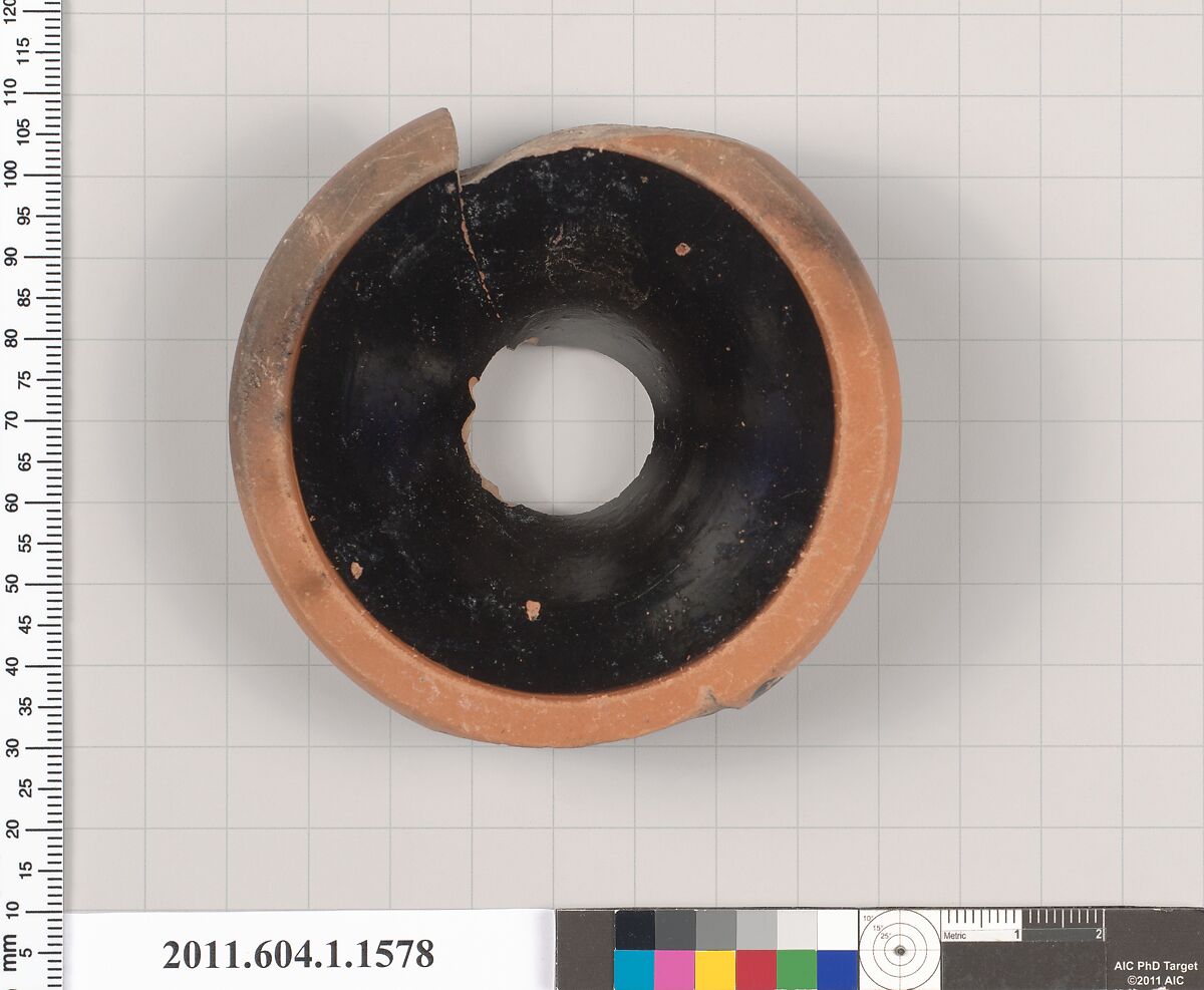 Terracotta fragment of a kylix (drinking cup), Terracotta, Greek, Attic