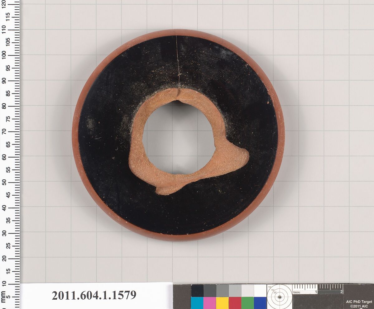 Terracotta fragment of a kylix (drinking cup), Terracotta, Greek, Attic 