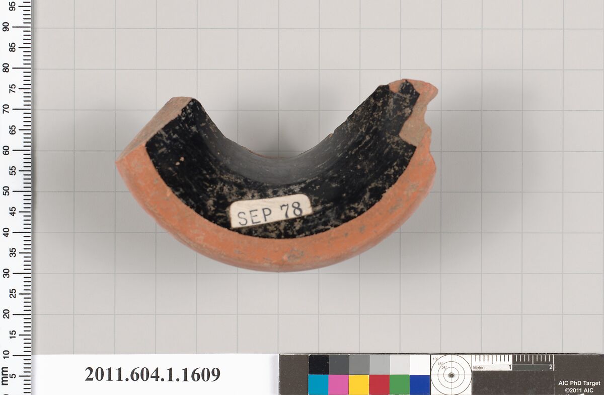 Terracotta fragment of a kylix (drinking cup), Terracotta, Greek, Attic
