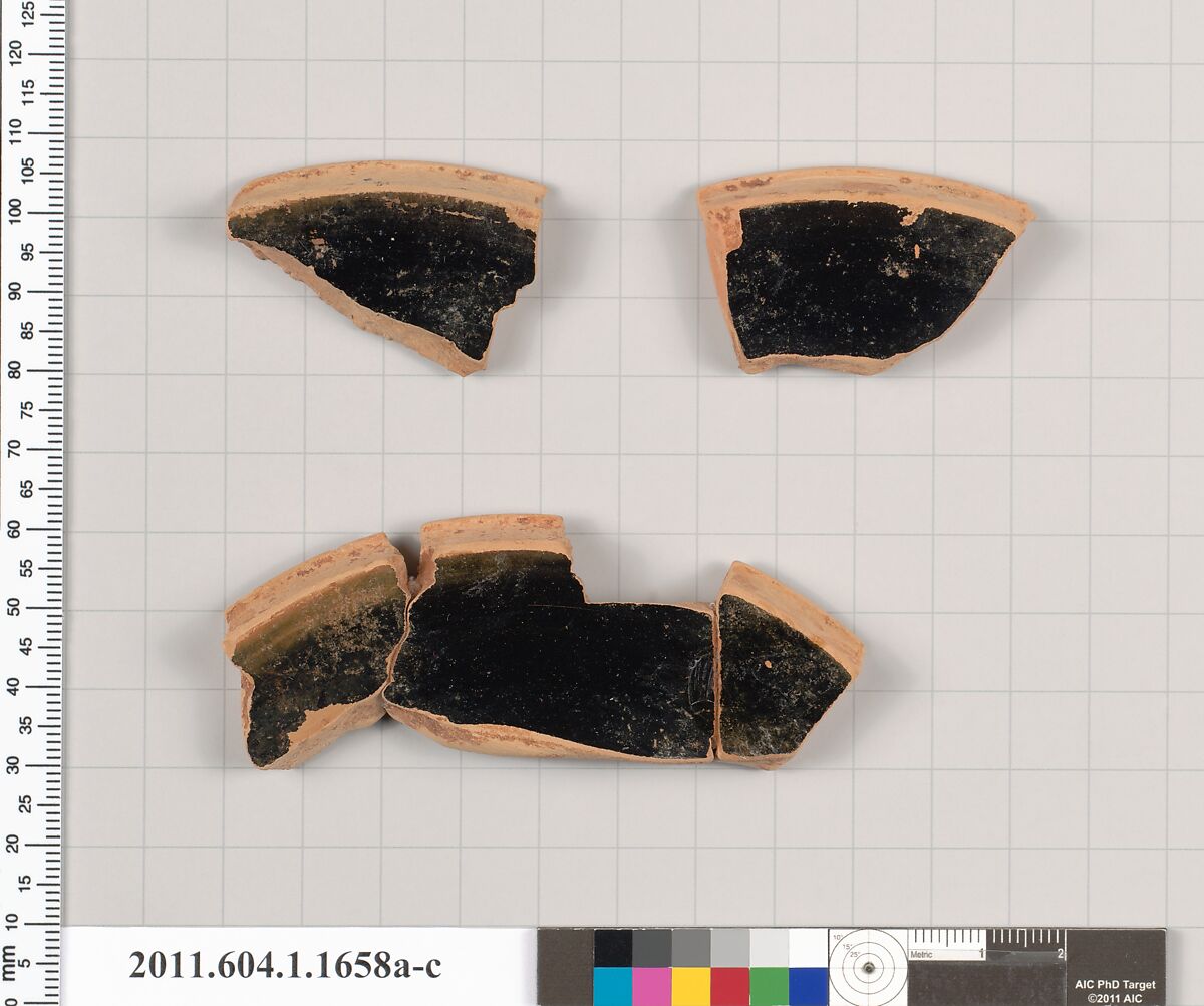 Terracotta fragments of a kylix (drinking cup), Terracotta, Greek, Attic 