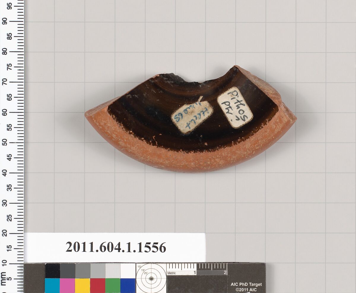 Terracotta fragment of a kylix (drinking cup), Attributed to the Pithos Painter ? [DvB], Terracotta, Greek, Attic