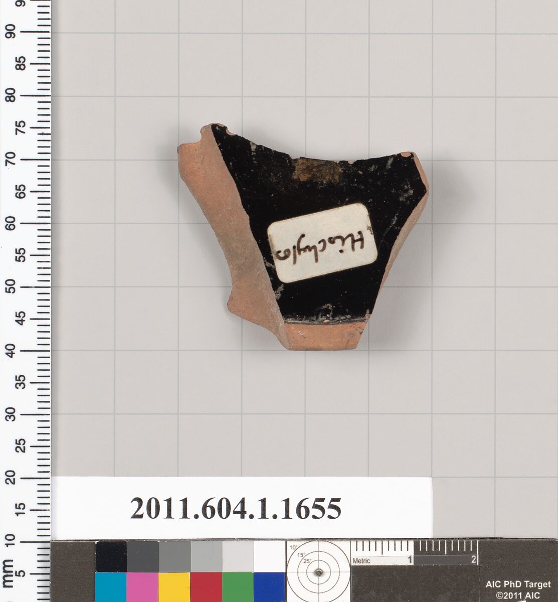 Terracotta fragment of a kylix (drinking cup), Hischylos, Terracotta, Greek, Attic